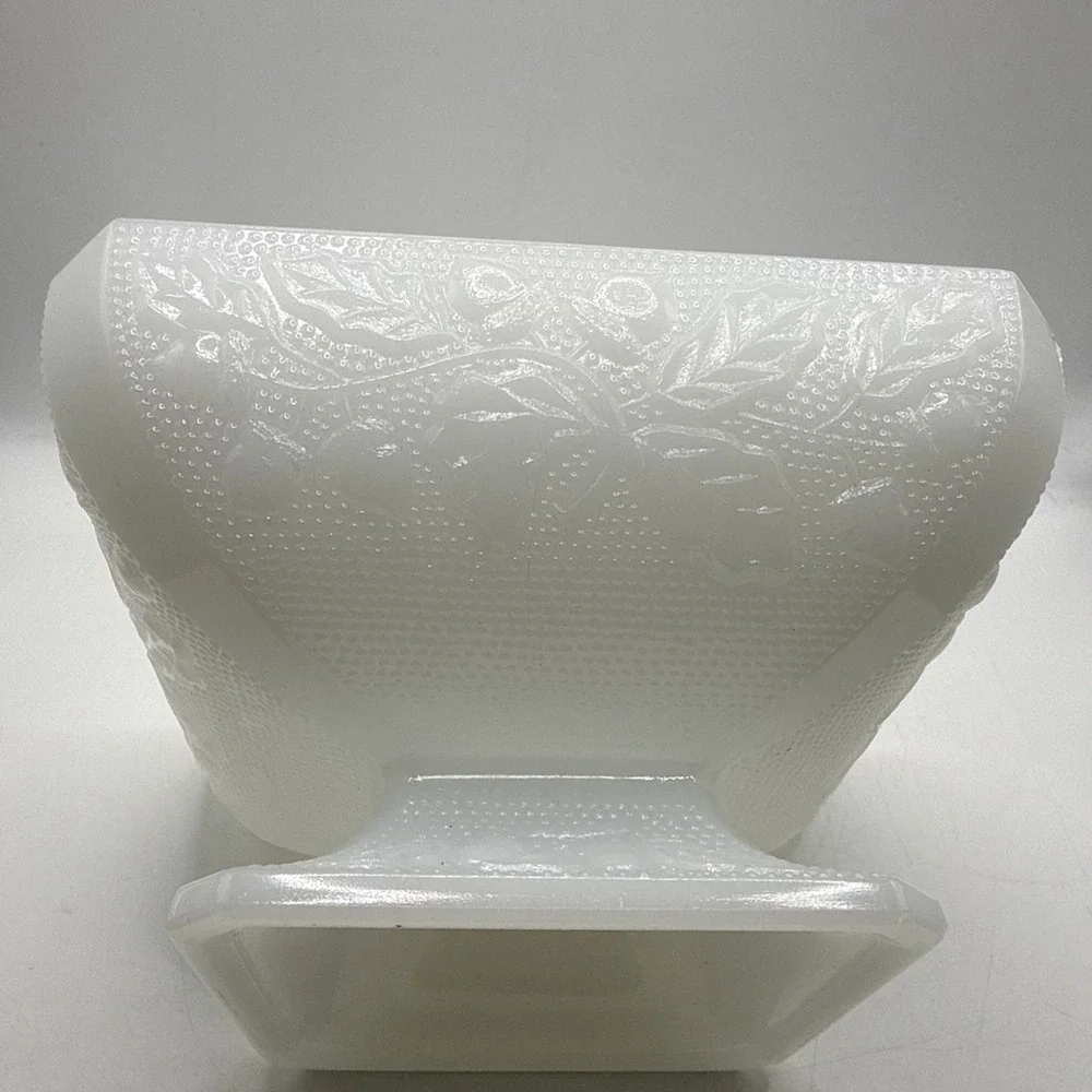 Vintage Jeanette Milk Glass Square Pedestal Candy Dish Acorn & Leaf Pattern